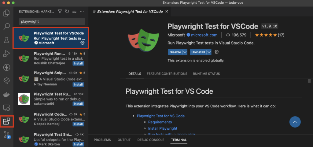 vs code playwright extension